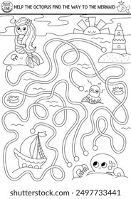 Mermaid black and white maze for kids with lagoon landscape. Marine printable activity. Ocean kingdom labyrinth game, coloring page. Line worksheet with octopus, sea princess