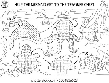 Mermaid black and white maze for kids with geometrical dolphin, octopus, turtle, seashell, treasure chest. Ocean kingdom line printable activity. Water labyrinth coloring page. Fairytale puzzle
