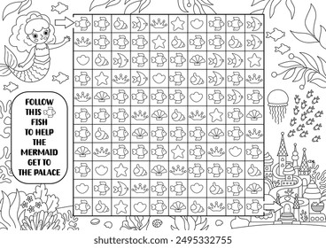 Mermaid black and white maze, seek and find game. Attention skills coloring page. Marine printable line activity for kids. Logical searching puzzle. Follow fish to help sea princess get to castle