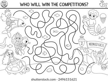 Mermaid black and white races maze for kids with sea princesses riding animals. Marine printable activity. Line ocean kingdom labyrinth game, coloring page. Worksheet with competitions