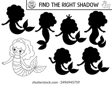 Mermaid black and white shadow matching activity with sea princess. Ocean kingdom puzzle. Find correct silhouette printable worksheet, game. Marine coloring page for kids. Find right shadow