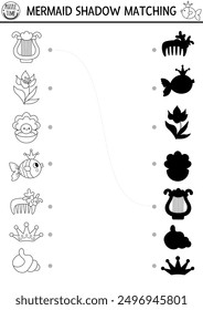Mermaid black and white shadow matching activity with sea princess comb. Ocean kingdom line puzzle with fish, seashell. Find correct silhouette printable worksheet. Marine coloring page for kids