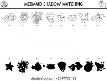 Mermaid black and white shadow matching activity with starfish, jellyfish, fish. Ocean kingdom line puzzle. Find correct silhouette printable worksheet, game. Marine coloring page for kids