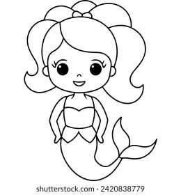 mermaid black and white vector illustration for coloring book	