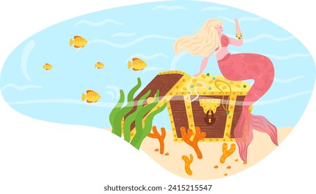 Mermaid with blonde hair sitting on treasure chest underwater. Ocean scene with fish and seaweed. Mythical creature finding treasure vector illustration.