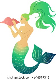 Mermaid blowing conch horn, EPS 8 vector illustration, no transparencies, no mesh