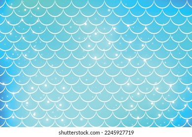 Mermaid blue background with fish scale pattern. Cyan pearl print. Underwater abstract cartoon wallpaper for banner, invitation and holidays. Kawaii vector texture