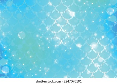 Mermaid blue background with fish scale pattern. Cyan pearl print with sparkles and bokeh. Underwater abstract cartoon wallpaper for banner, invitation and holidays. Kawaii vector texture