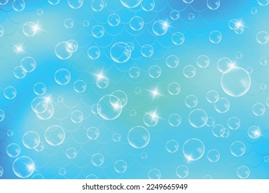 Fondo azul sirena con patrón de escala de peces y burbujas de jabón. Impresión de perlas cian. Fondo de pantalla de dibujos animados abstractos subacuáticos para banner, invitación y vacaciones. Textura vectorial kawaii