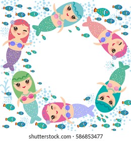 Mermaid with blue green and pink hair cute kawaii girl coral fish, card banner design, wreath round frame for your text, copy space, on white background. Vector