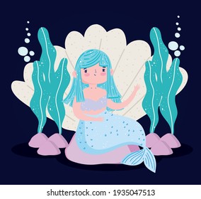 Mermaid blue hair cartoon seashell stones and seaweed vector illustration cartoon