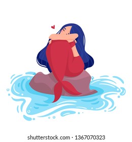 Mermaid with blue hair and red tail sits on a stone in the water and hugging knees. Isolated illustration