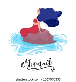 Mermaid with blue hair and red tail sits on a stone in the water. Side view. Lettering. Isolated illustration
