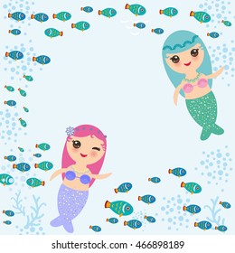 Mermaid with blue and pink hair cute kawaii girl coral fish, card banner design, copy space, on blue background. Vector