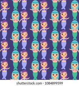 Mermaid with blue and purple hair cute kawaii girl seamless pattern on blue sea water background. Vector