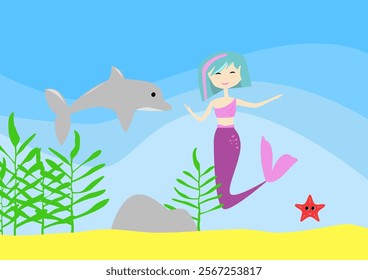 A mermaid with blue-green, short hair with a purple streak, a dark purple tail, and a pink bra. A mermaid in a seabed environment. Mermaid with dolphin and starfish. Vector, illustration.