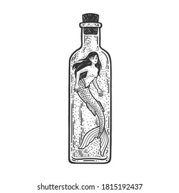 Mermaid in bottle fabulous woman creature sketch engraving vector illustration. T-shirt apparel print design. Scratch board imitation. Black and white hand drawn image.