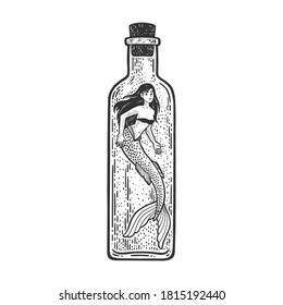 Mermaid in bottle fabulous woman creature sketch engraving vector illustration. T-shirt apparel print design. Scratch board imitation. Black and white hand drawn image.