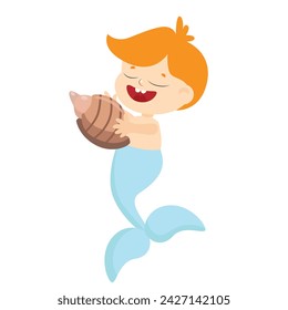 Mermaid boy with seashell in cartoon style isolated on white background. 