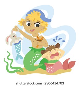 Mermaid boy took a toy from little crying mermaid girl. Vector cartoon illustration in flat style isolated on a white background. For print, design, poster, sticker, card, decoration, t shirt design