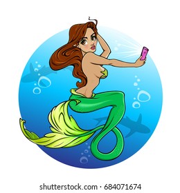 Mermaid with brown hair. Vector hand crafted illustration of mermaid with brown hair taking a picture of herself by smart-phone. Good for posters, stickers, t-shirt design.