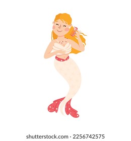 Mermaid Brushing Wavy Hair with Comb Floating Underwater Vector Illustration