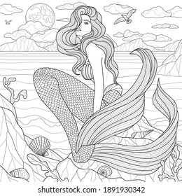 Mermaid by the sea.Coloring book antistress for children and adults. Illustration isolated on white background.Zen-tangle style. Black and white drawing