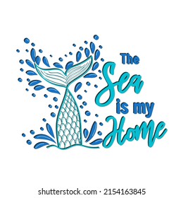 Mermaid card with hand drawn sea elements and lettering. Calligraphy summer quote with seashells, hearts and pearls