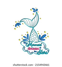 Mermaid card with hand drawn sea elements and lettering. Calligraphy summer quote with seashells, hearts and pearls