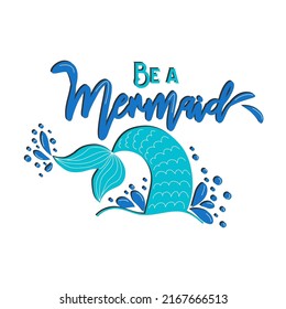Mermaid card with hand drawn sea elements and lettering. Calligraphy summer quote with seashells, hearts and pearls