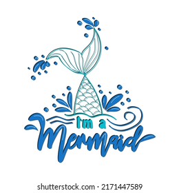 Mermaid card with hand drawn sea elements and lettering. Calligraphy summer quote with seashells, hearts and pearls