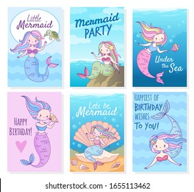 Mermaid cards. Creative postcard with mythical cute princesses and sea creatures template for birthday, party invitations, kid greeting scrapbook vector set