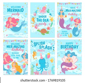 Mermaid cards. Mythical cute princesses and sea creatures underwater world postcard for birthday, invitations, greeting cards vector set. Postcard birthday invitation, greeting card illustration