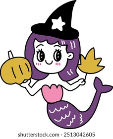 Mermaid cartoon with autumn concept pumpkin and witch hat
