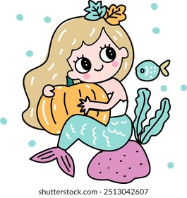 Mermaid cartoon with autumn concept pumpkin and witch hat