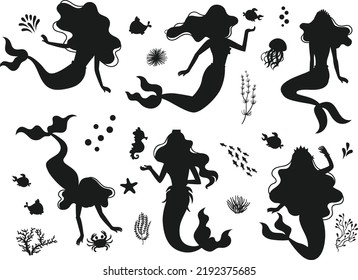  Mermaid cartoon characters beautiful mythical creatures animals fishes isolated Vector Silhouettes