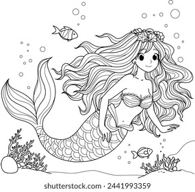 Mermaid cartoon coloring page vector