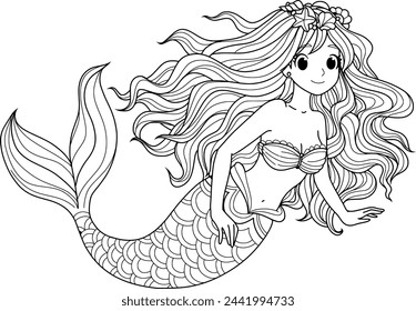 Mermaid cartoon coloring page vector