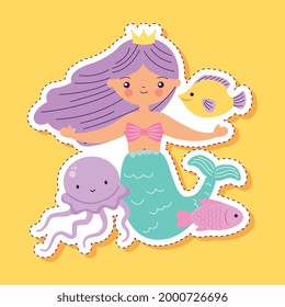 mermaid cartoon with jellyfish and fish. vector illustration