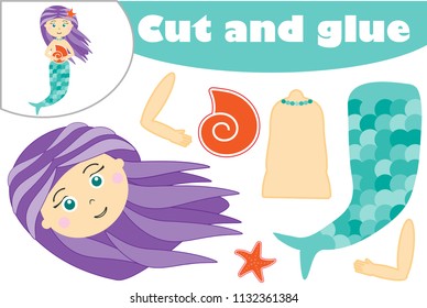 Mermaid in cartoon style, education game for the development of preschool children, use scissors and glue to create the applique, cut parts of the image and glue on the paper, vector illustration