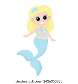 Mermaid in cartoon style isolated on white background. The girl has fair hair and big eyes.