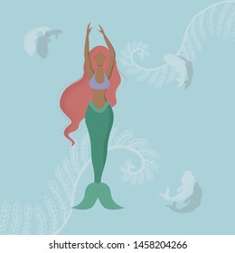 Mermaid cartoon vector character. Lovely  dark skinned mermaid on light blue backgroun with fishes. Beautiful mermaid with long hair swimming in the ocean. Colorful illustration on the marine theme.
