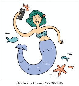Mermaid cartoon vector color illustration. She does the foto underwater. Hand drawn mermaid with green hair. Magic underwater world banner, poster element, t-shirt print.