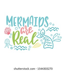Mermaid cartoon vector illustration. Summer inspirational lettering phrase. Hand drawn greeting card with tail, shells, jellyfish. Beach girl design. Marine magical clipart. Typography print template.