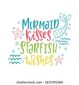 Mermaid cartoon vector illustration. Summer inspirational lettering phrase. Hand drawn greeting card with tail, waves. Beach girl design. Marine magical clipart. Typography print template.