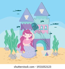 Mermaid with castle jellyfish fishes bottom on the sea vector illustration cartoon