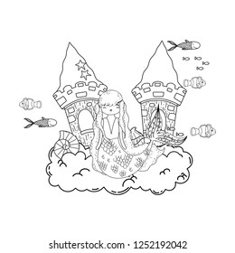 mermaid with castle undersea scene