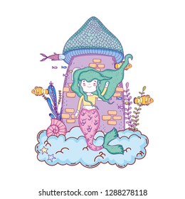 mermaid with castle undersea scene