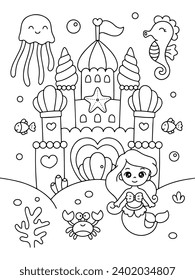 Mermaid castle underwater coloring page illustration