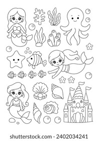 Mermaid castle underwater with castle, shell, coral icon coloring page illustration